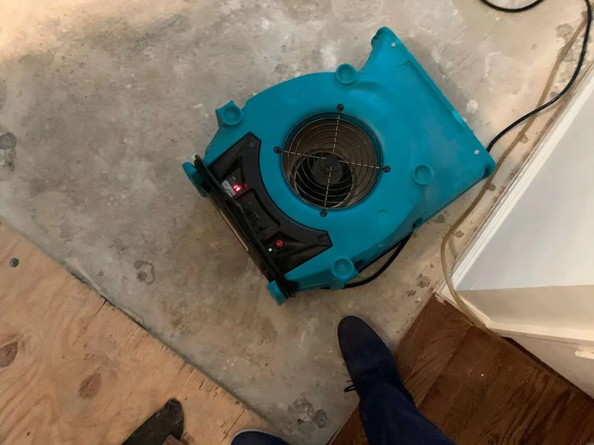Air mover drying subfloor during Commercial Water Damage Restoration in West Earl